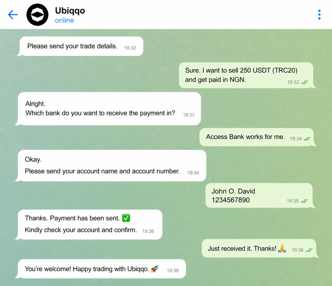 Telegram Chsat shot showing ongoing trade conversation between Ubiqqo and a customer